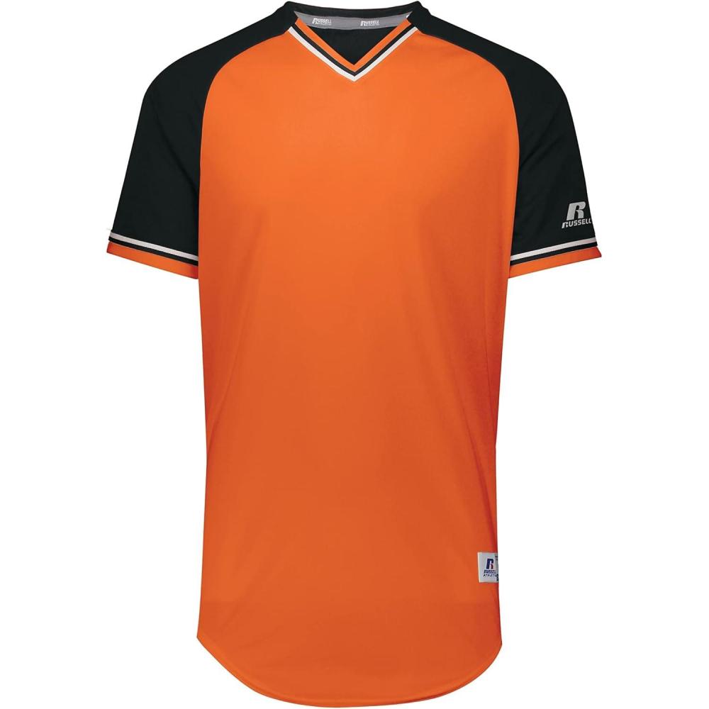 imageRussell Athletic Mens Classic VNeck Baseball Jersey Vintage Appeal with DriPower MoistureWickingBurnt OrangeBlackWhite