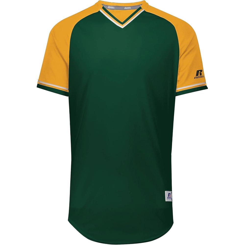 imageRussell Athletic Mens Classic VNeck Baseball Jersey Vintage Appeal with DriPower MoistureWickingDark GreenGoldWhite