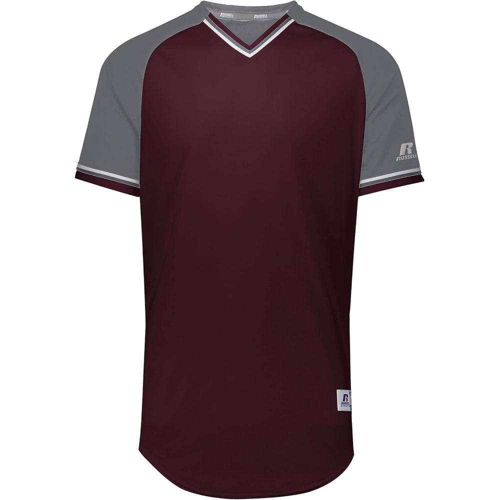 imageRussell Athletic Mens Classic VNeck Baseball Jersey Vintage Appeal with DriPower MoistureWickingMaroonSteelWhite
