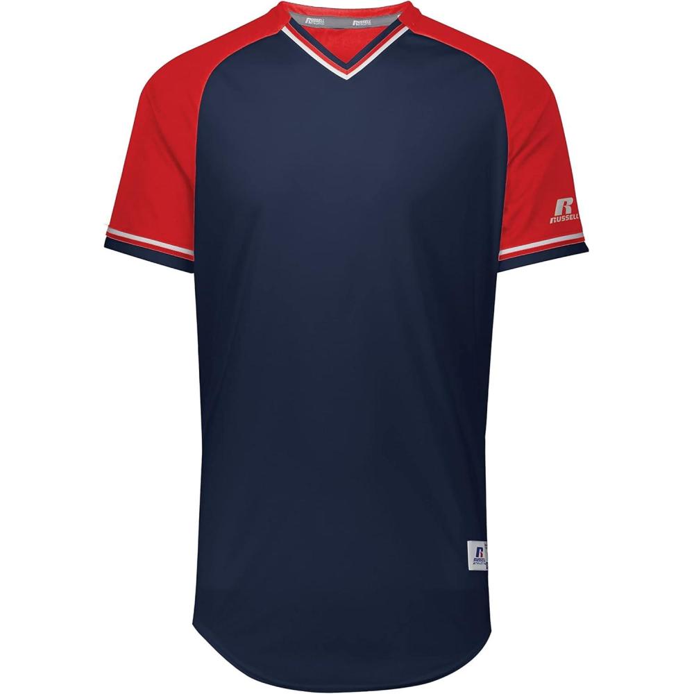 imageRussell Athletic Mens Classic VNeck Baseball Jersey Vintage Appeal with DriPower MoistureWickingNavyTrue RedWhite