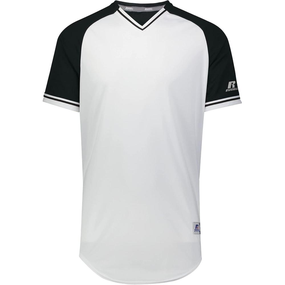 imageRussell Athletic Mens Classic VNeck Baseball Jersey Vintage Appeal with DriPower MoistureWickingWhiteBlackWhite