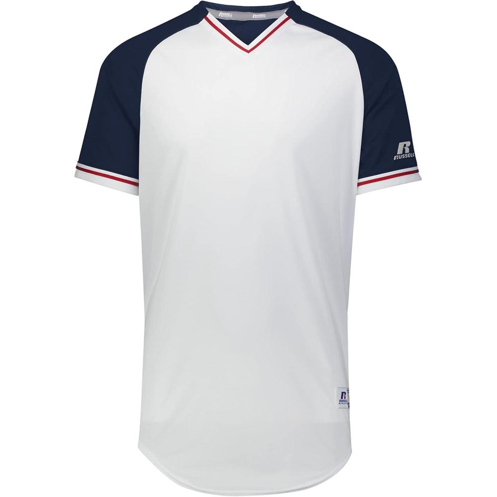 imageRussell Athletic Mens Classic VNeck Baseball Jersey Vintage Appeal with DriPower MoistureWickingWhiteNavyTrue Red