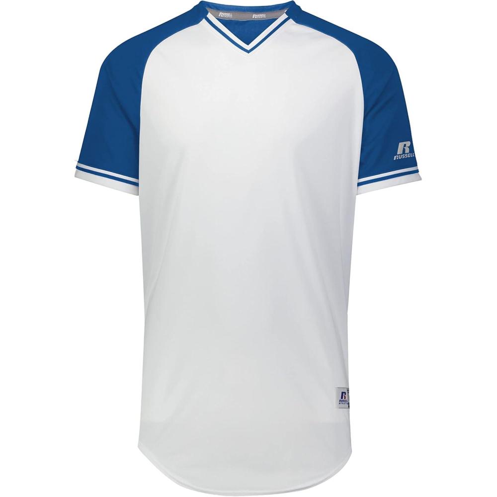 imageRussell Athletic Mens Classic VNeck Baseball Jersey Vintage Appeal with DriPower MoistureWickingWhiteRoyalWhite
