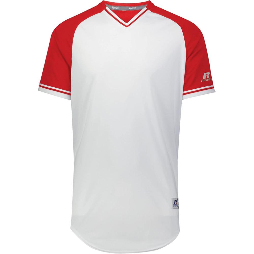 imageRussell Athletic Mens Classic VNeck Baseball Jersey Vintage Appeal with DriPower MoistureWickingWhiteTrue RedWhite