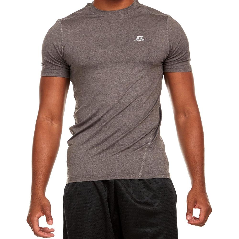 imageRussell Athletic Mens Fitted Compression Crew Neck Short Sleeve T Shirt Gym Training TopBlack Heather