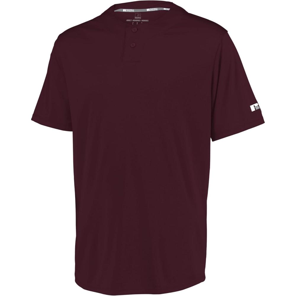 imageRussell Athletic Mens Mens 2Button Baseball Jersey  Short Sleeve MoistureWicking DriPower Performance ShirtMaroon