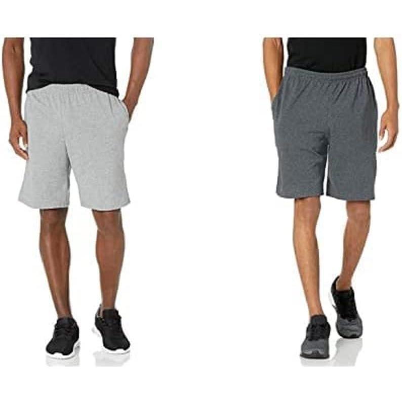 imageRussell Athletic Mens Relaxed Fit 9quot Cotton Shorts with Pockets Adjustable Elastic Waist Sizes S4X2 Pack  Black HeatherOxford