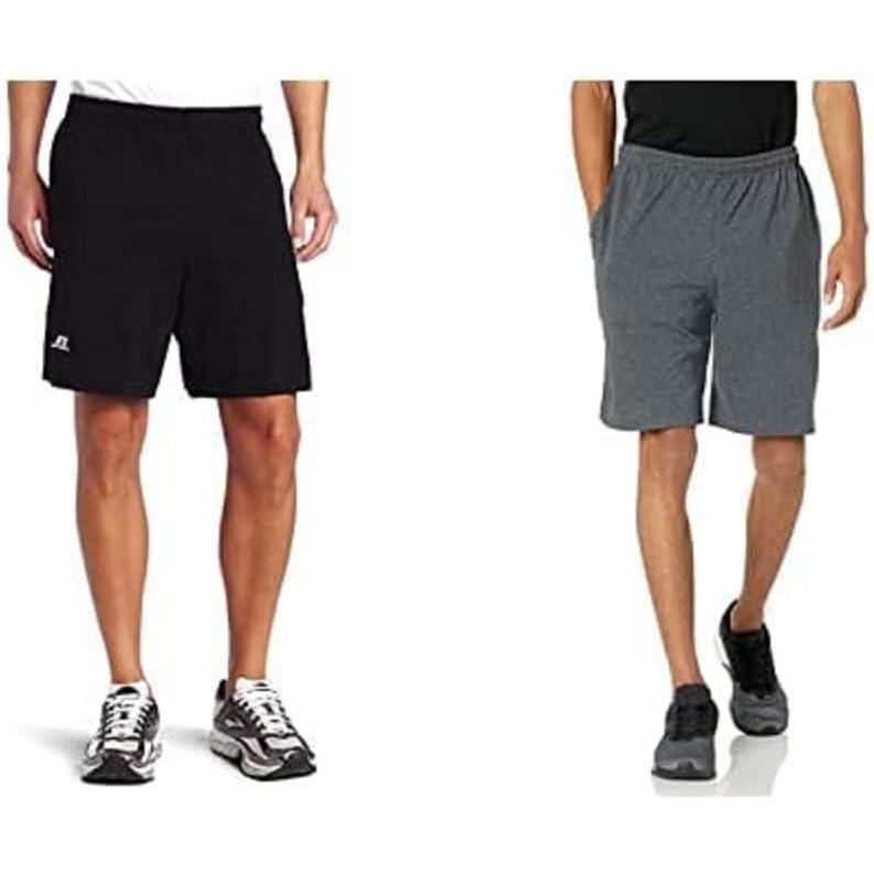 imageRussell Athletic Mens Relaxed Fit 9quot Cotton Shorts with Pockets Adjustable Elastic Waist Sizes S4X2 Pack  BlackBlack Heather