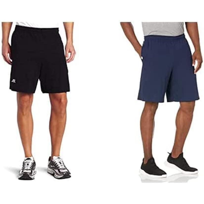 imageRussell Athletic Mens Relaxed Fit 9quot Cotton Shorts with Pockets Adjustable Elastic Waist Sizes S4X2 Pack  BlackNavy