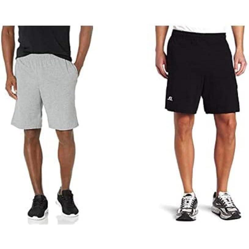 imageRussell Athletic Mens Relaxed Fit 9quot Cotton Shorts with Pockets Adjustable Elastic Waist Sizes S4X2 Pack  BlackOxford
