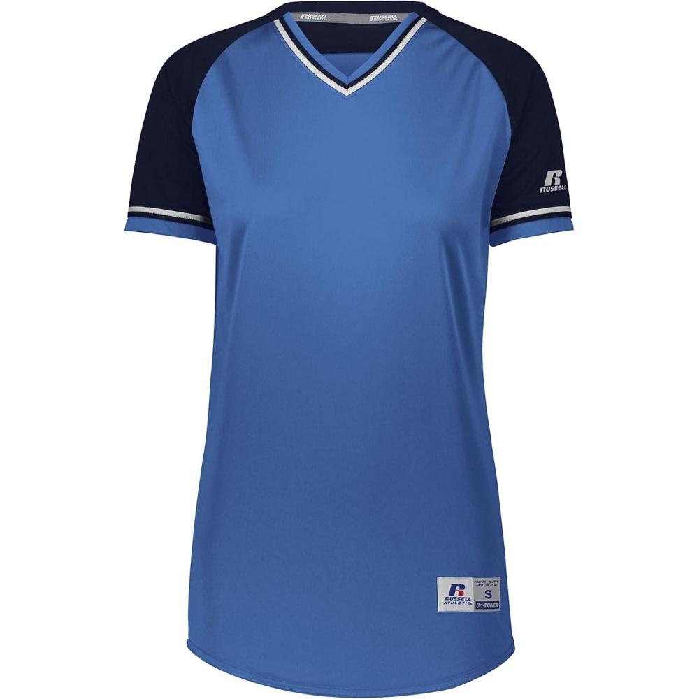 imageRussell Athletic Womens Womens VNeck Softball Jersey  Short Sleeve MoistureWicking Tee  Classic Athletic WearColumbia BlueNavyWhite