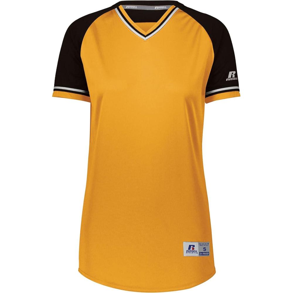 imageRussell Athletic Womens Womens VNeck Softball Jersey  Short Sleeve MoistureWicking Tee  Classic Athletic WearGoldBlackWhite