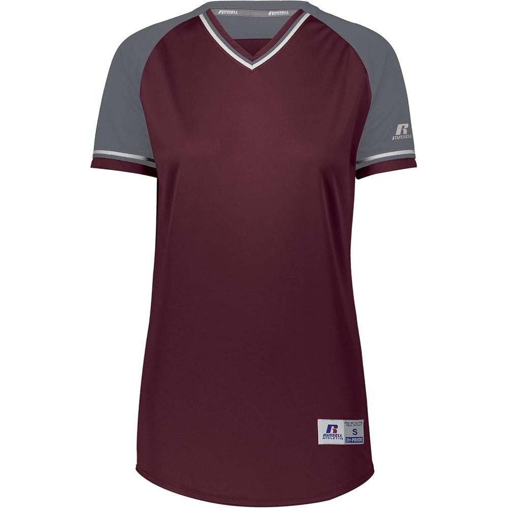 imageRussell Athletic Womens Womens VNeck Softball Jersey  Short Sleeve MoistureWicking Tee  Classic Athletic WearMaroonSteelWhite