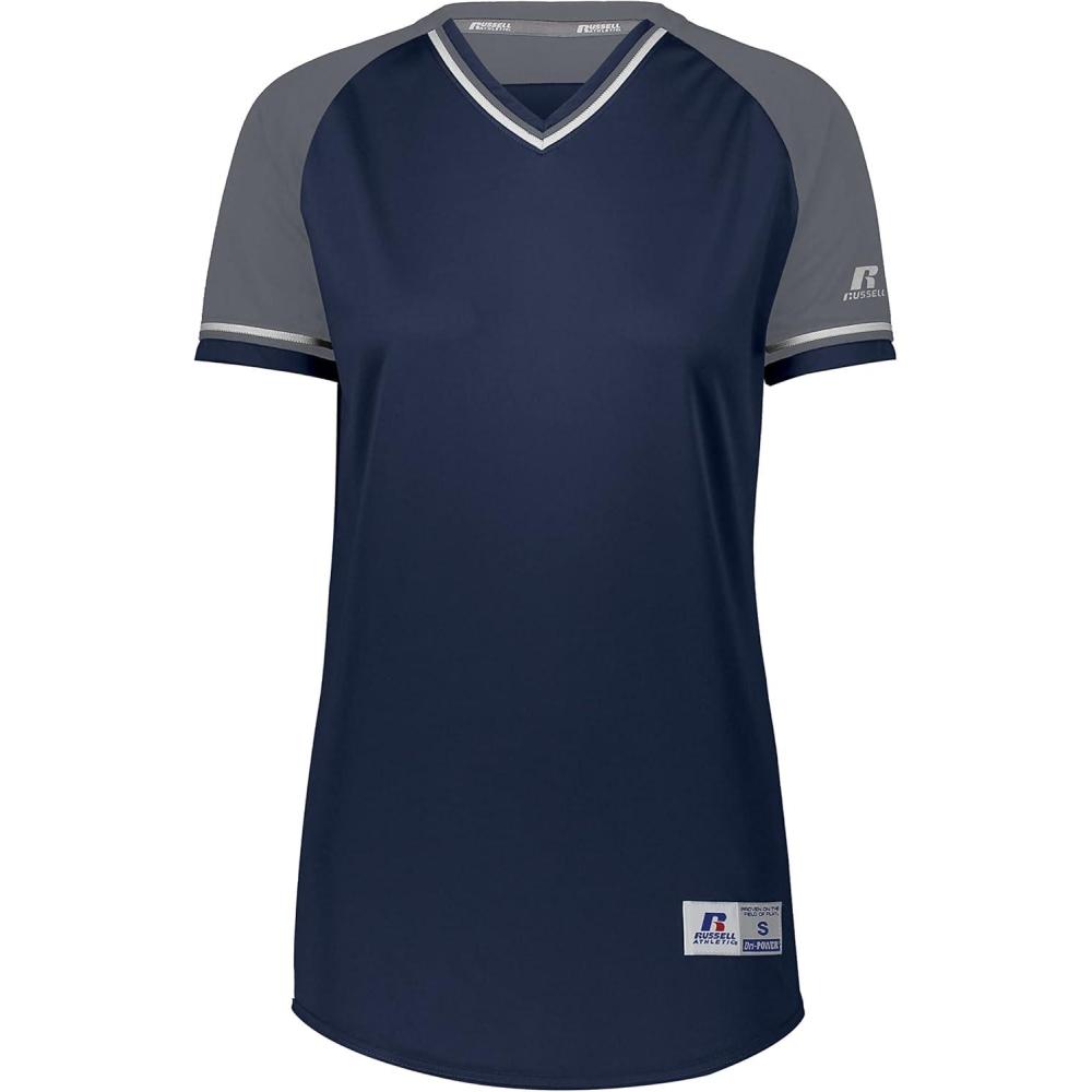imageRussell Athletic Womens Womens VNeck Softball Jersey  Short Sleeve MoistureWicking Tee  Classic Athletic WearNavySteelWhite
