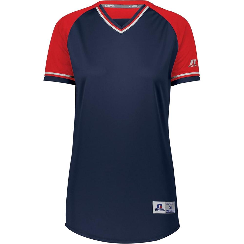 imageRussell Athletic Womens Womens VNeck Softball Jersey  Short Sleeve MoistureWicking Tee  Classic Athletic WearNavyTrue RedWhite