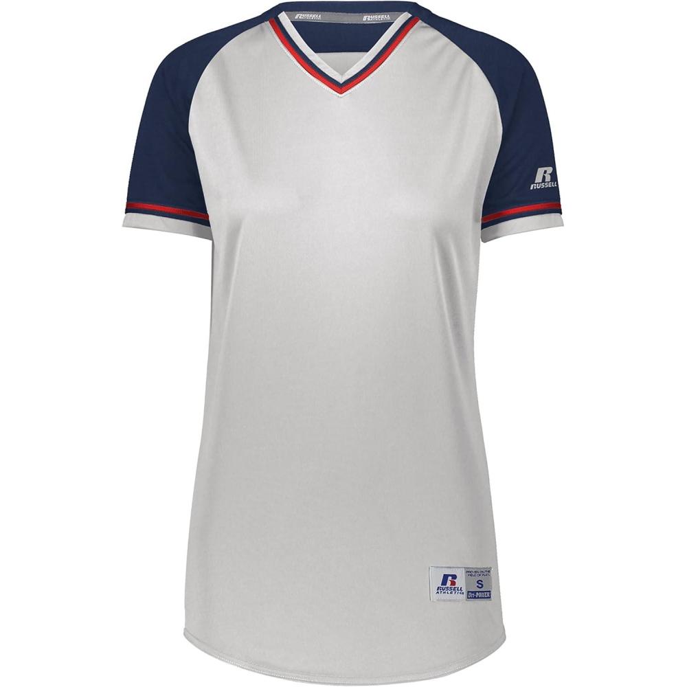 imageRussell Athletic Womens Womens VNeck Softball Jersey  Short Sleeve MoistureWicking Tee  Classic Athletic WearWhiteNavyTrue Red