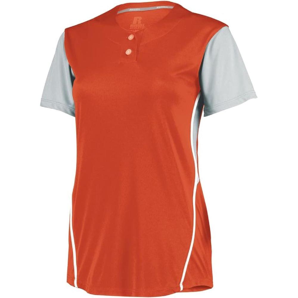 imageRussell Athletic 2Button Color Block JerseyStylish Short Sleeve Baseball ampamp Softball Shirt for Active WomenBurnt OrangeBaseball Grey