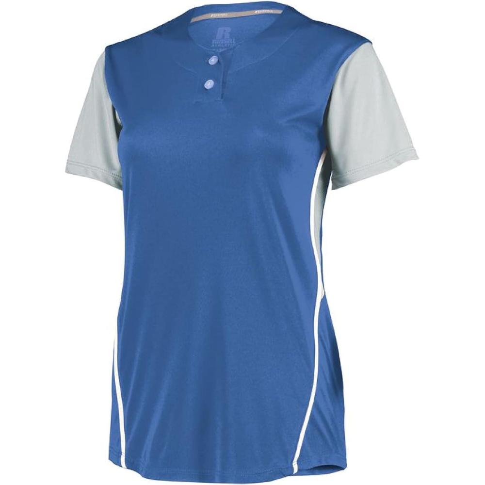imageRussell Athletic 2Button Color Block JerseyStylish Short Sleeve Baseball ampamp Softball Shirt for Active WomenColumbia BlueBaseball Grey