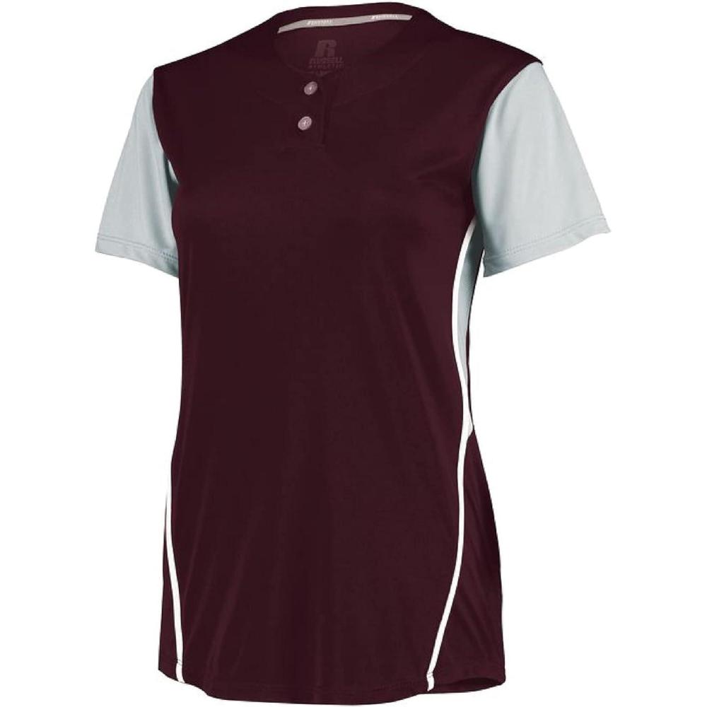 imageRussell Athletic 2Button Color Block JerseyStylish Short Sleeve Baseball ampamp Softball Shirt for Active WomenMaroonBaseball Grey