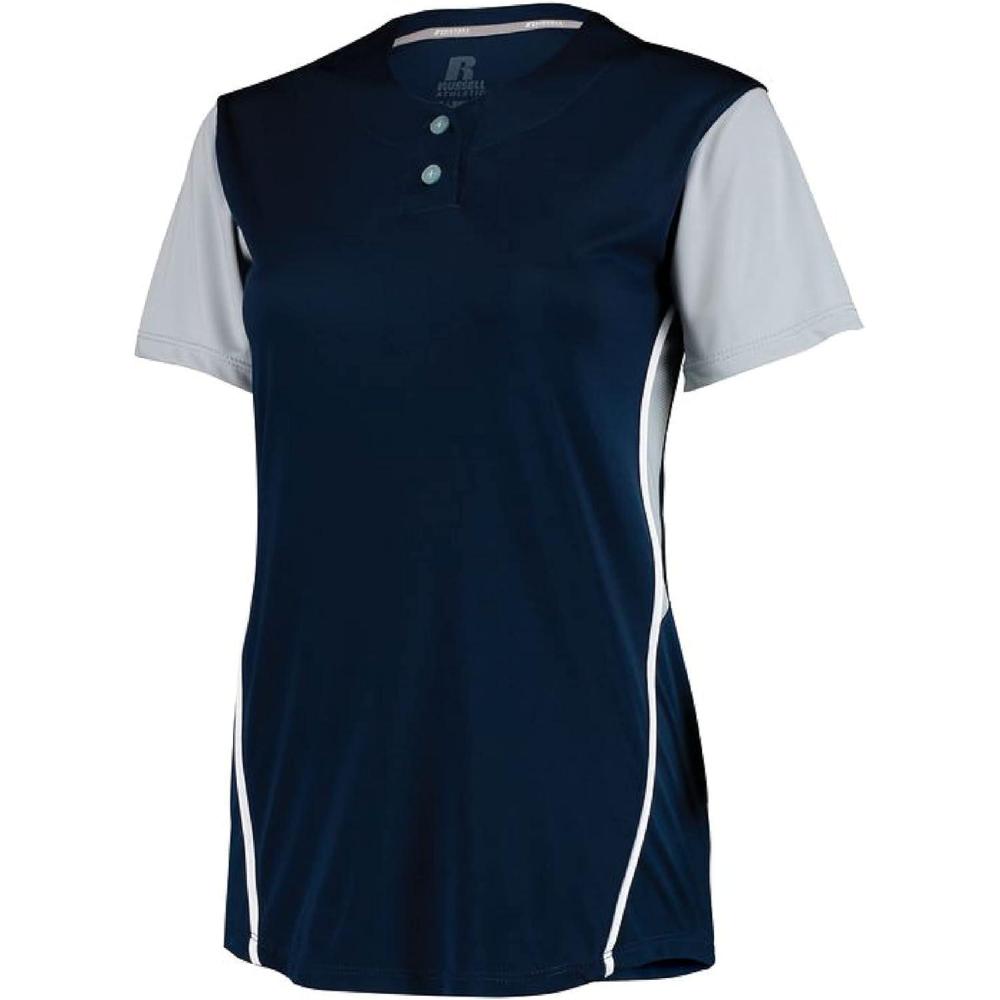 imageRussell Athletic 2Button Color Block JerseyStylish Short Sleeve Baseball ampamp Softball Shirt for Active WomenNavyBaseball Grey