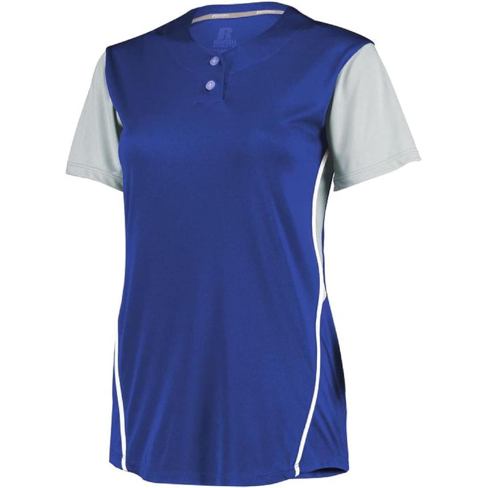 imageRussell Athletic 2Button Color Block JerseyStylish Short Sleeve Baseball ampamp Softball Shirt for Active WomenRoyalBaseball Grey