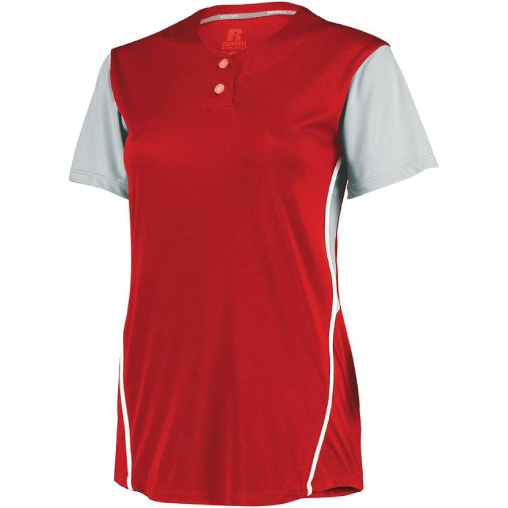imageRussell Athletic 2Button Color Block JerseyStylish Short Sleeve Baseball ampamp Softball Shirt for Active WomenTrue RedBaseball Grey