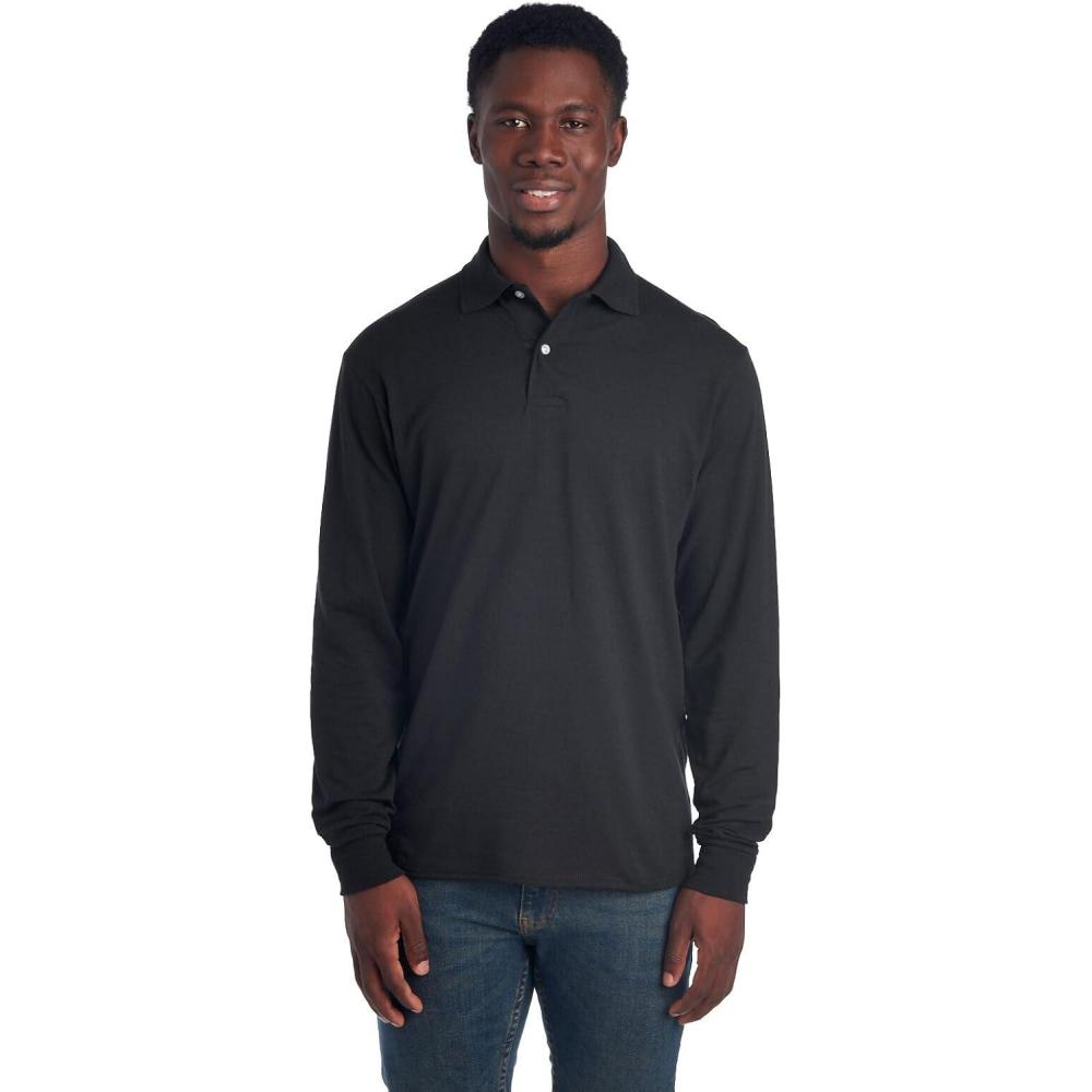 imageJerzees Mens Long Sleeve Polo Shirts Cotton Blend Two Button Closure Regular Fit Sizes S2xBlack Spotshield