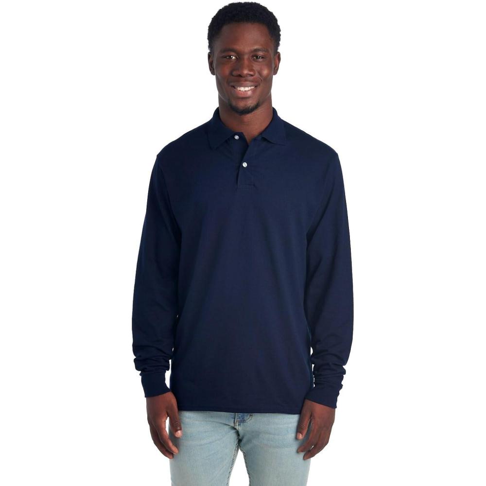 imageJerzees Mens Long Sleeve Polo Shirts Cotton Blend Two Button Closure Regular Fit Sizes S2xNavy Spotshield