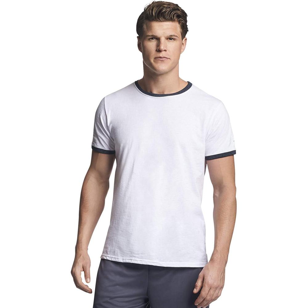 imageRussell Athletic Mens Cotton Performance Ringer TShirtWhiteBlack Heather