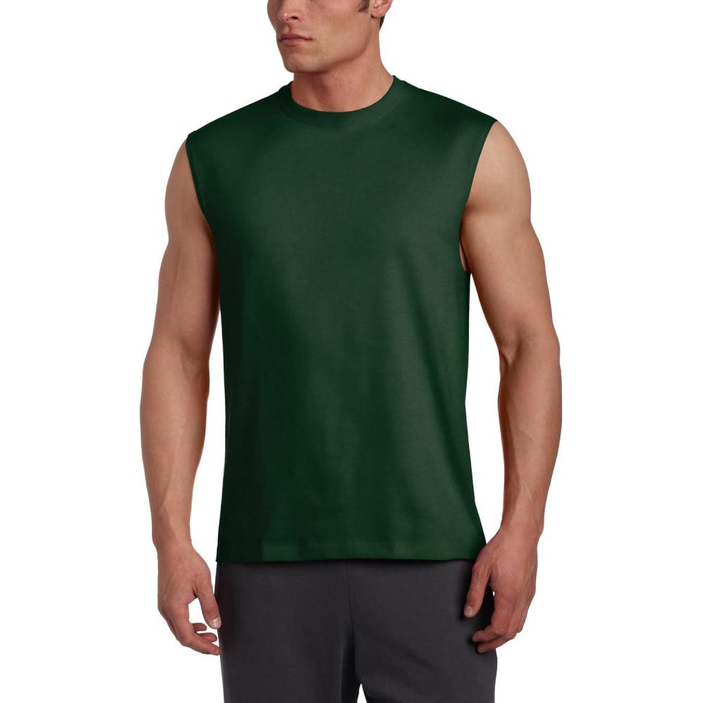 imageRussell Athletic Mens DriPower Cotton Blend Sleeveless Muscle Shirts Moisture Wicking Odor Protection UPF 30 Sizes S4XBasic Dark Green