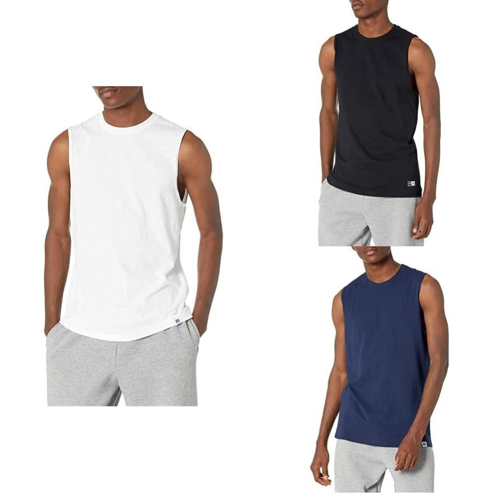 imageRussell Athletic Mens Cotton Performance Sleeveless Muscle TShirt WhiteBlackNavy XXXLarge