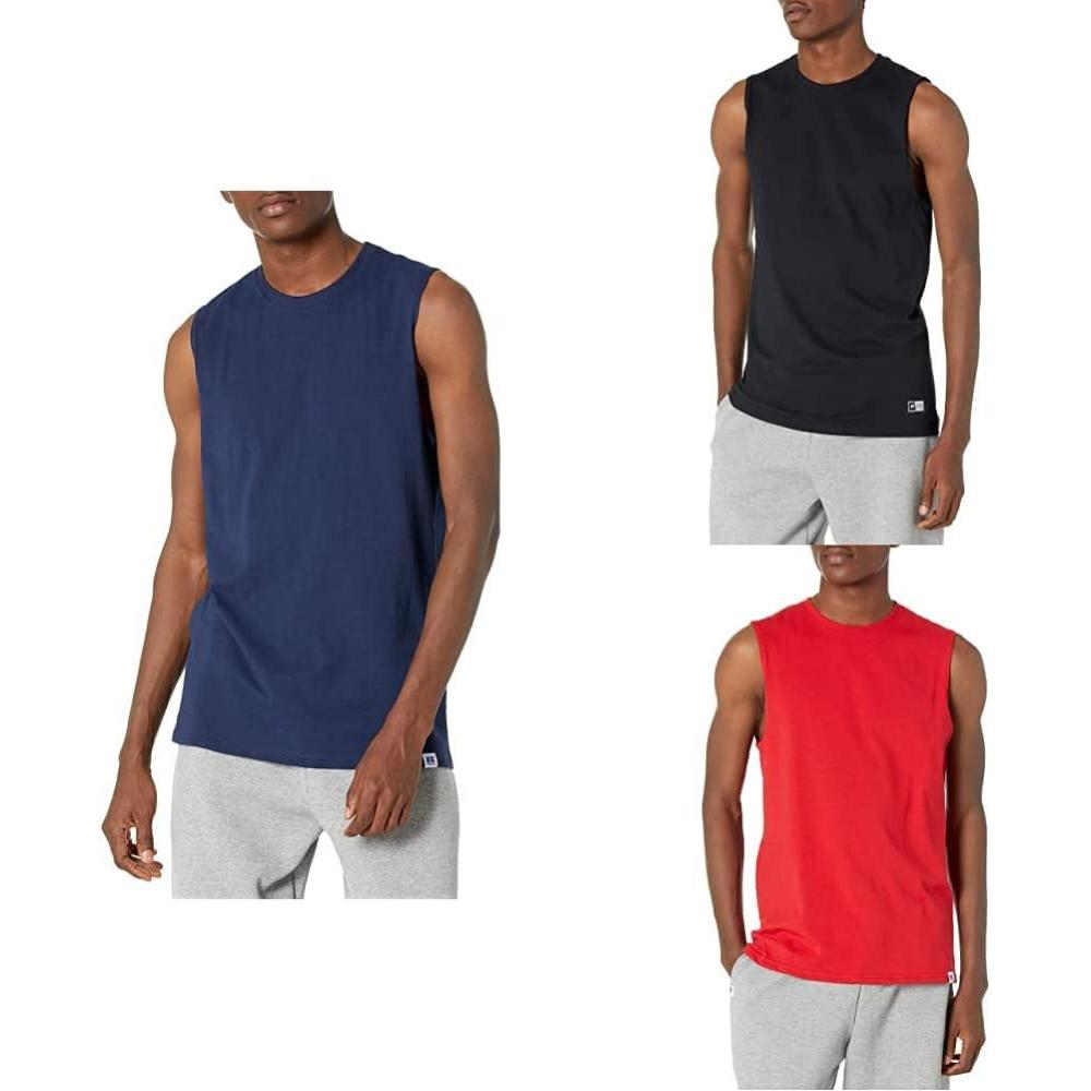 imageRussell Athletic Mens Cotton Performance Sleeveless Muscle TShirt3 Pack  NavyBlackTrue Red