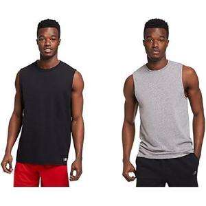 Russell Athletic Men’s Cotton Performance Sleeveless Muscle T-Shirt(2-pack – Black/Oxford)