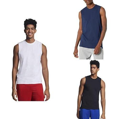 imageRussell Athletic Mens Cotton Performance Sleeveless Muscle TShirt WhiteBlackNavy Medium